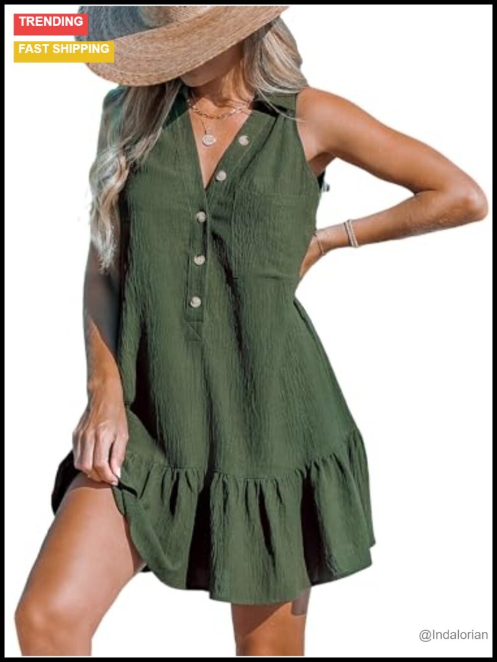 Ruffled V-Neck Cover Up Dress with Button Front, Pockets, 100% Polyester, Mini